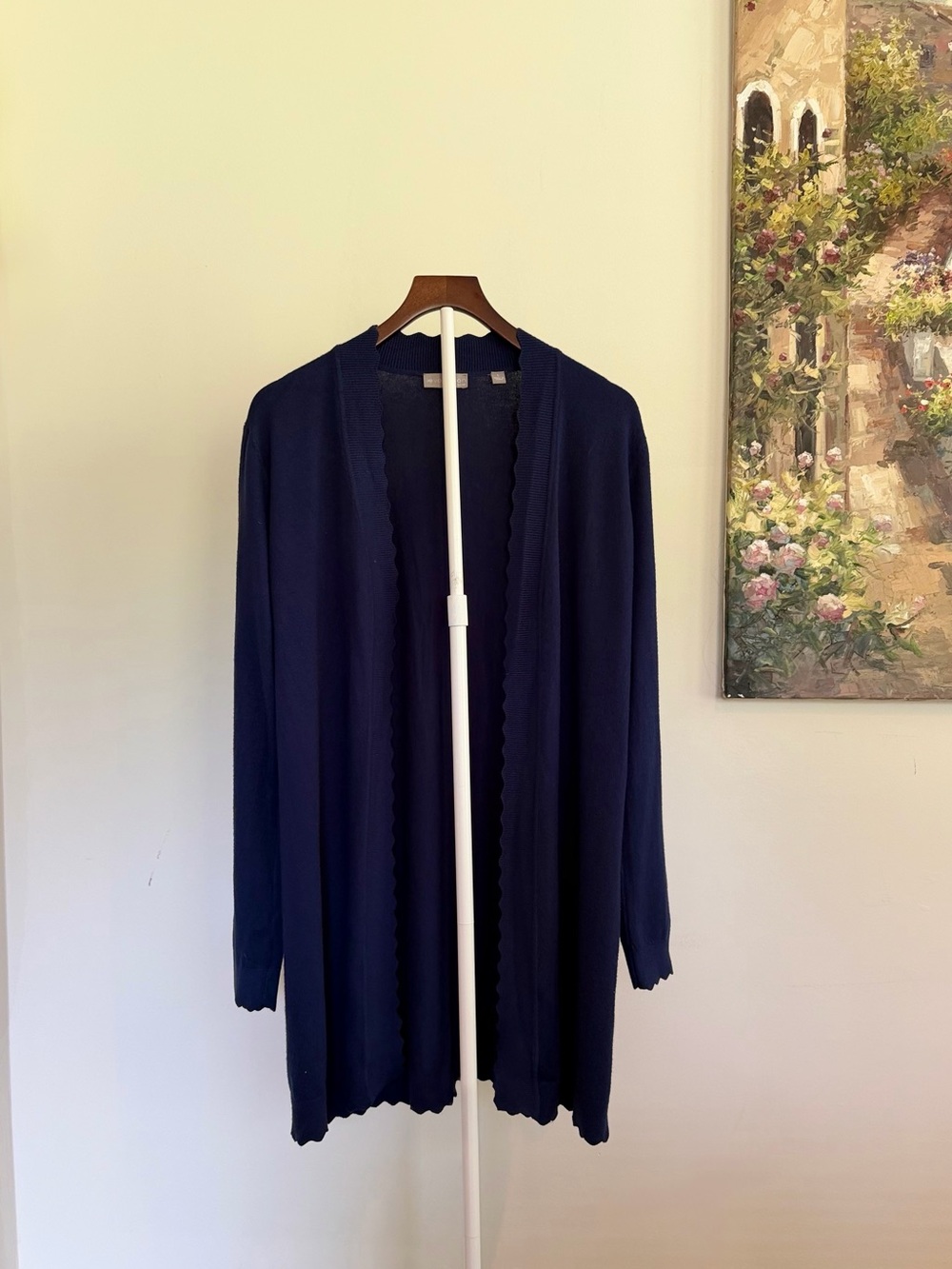 Evolution by Cyrus Navy Blue Long Open Front Cardigan Scalloped Trim Sweater LG